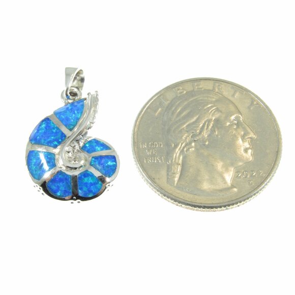 Solid 925 Sterling Silver and Blue Opal Nautilus Seashell Ammonite Pendant - Picture 6 of 10